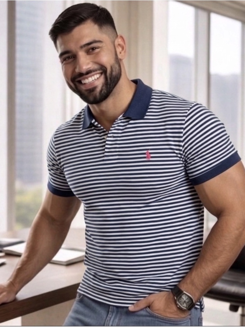 Polo by Ralph Lauren Navy and White Striped Polo with Pink Logo